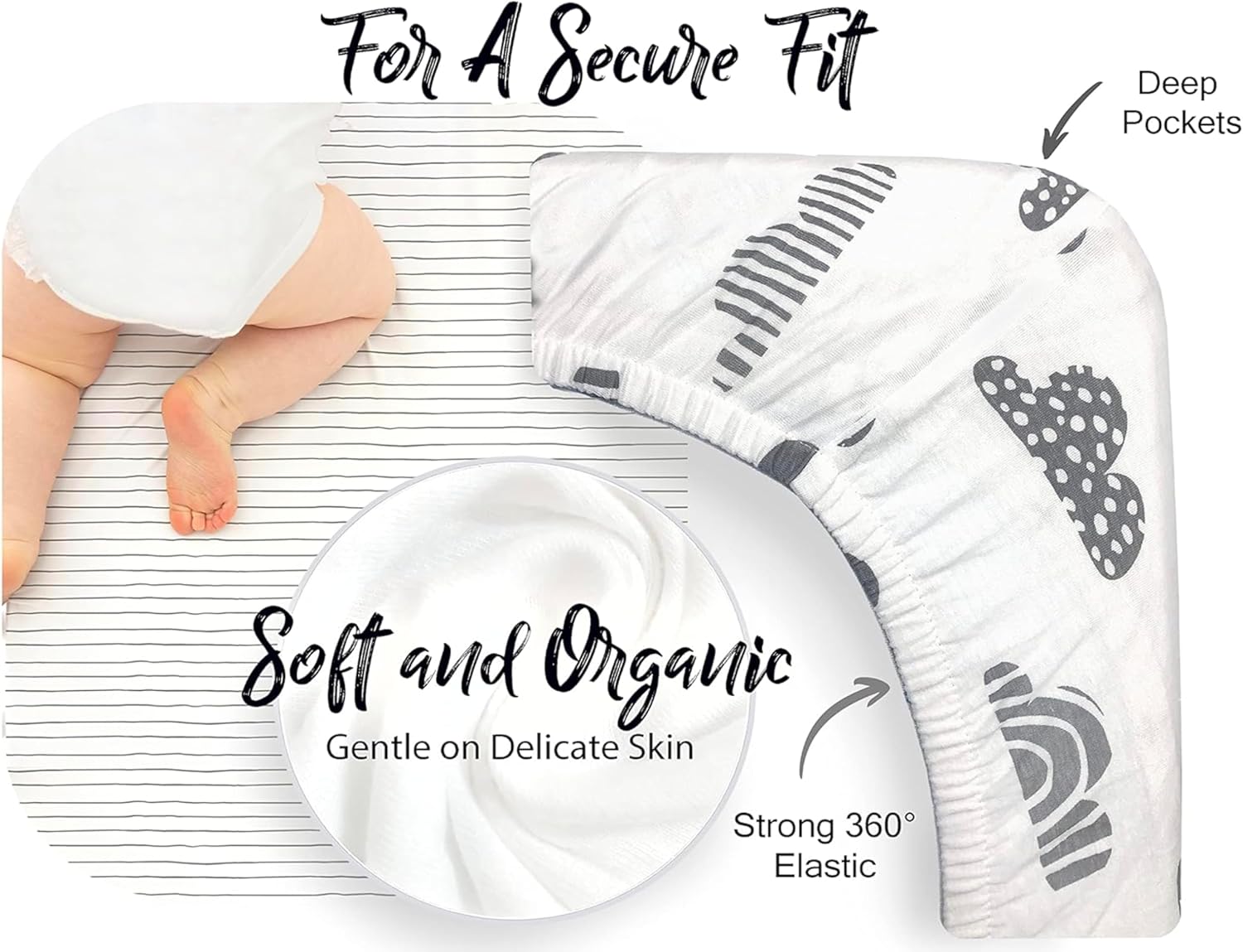 100% Organic Cotton 2 Pk Bedside Sleeper Bassinet Fitted Mattress Sheets Perfectly Compatible with Mika Micky, Baby Delight, Ronbei, Chicco, Cloud Baby, AMKE, Angelbliss, Arm's Reach. Cloud, Stripe