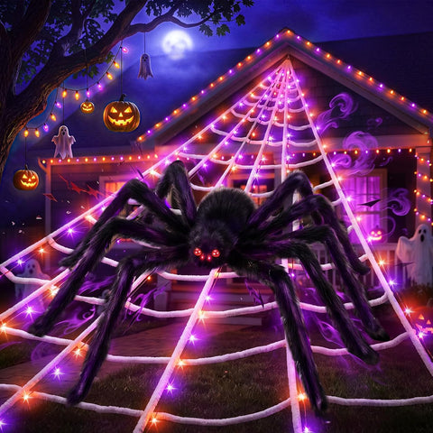 Upgrade Halloween Spider Web Decorations Outdoor + 59" Giant Spider Décor