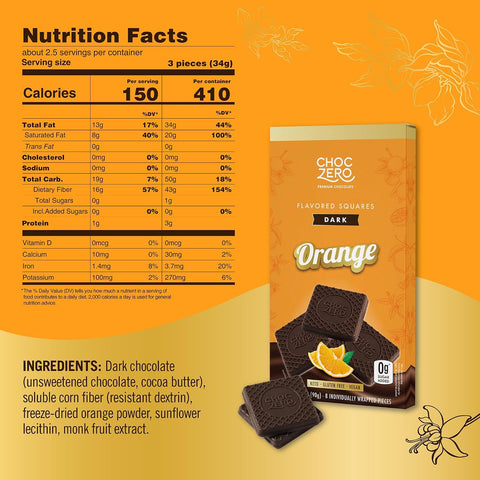 ChocZero Sugar Free Dark Chocolate Orange Squares, Vegan, 4 Pack