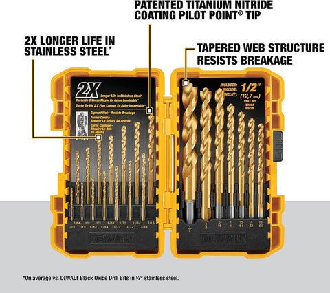 DEWALT Drill Bit Set, 21 Pc. Titanium Nitride Coated Pilot Point DEWALT Bit Set with Case for Wood, Metal and Plastic (DW1361)