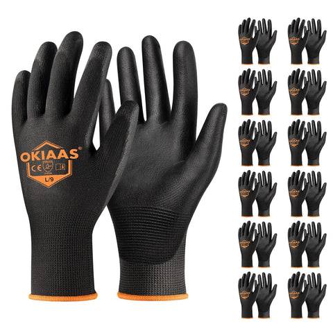 OKIAAS PU Coated Work Gloves Men, Ultra Grip & Lightweight, 12 Pairs Bulk