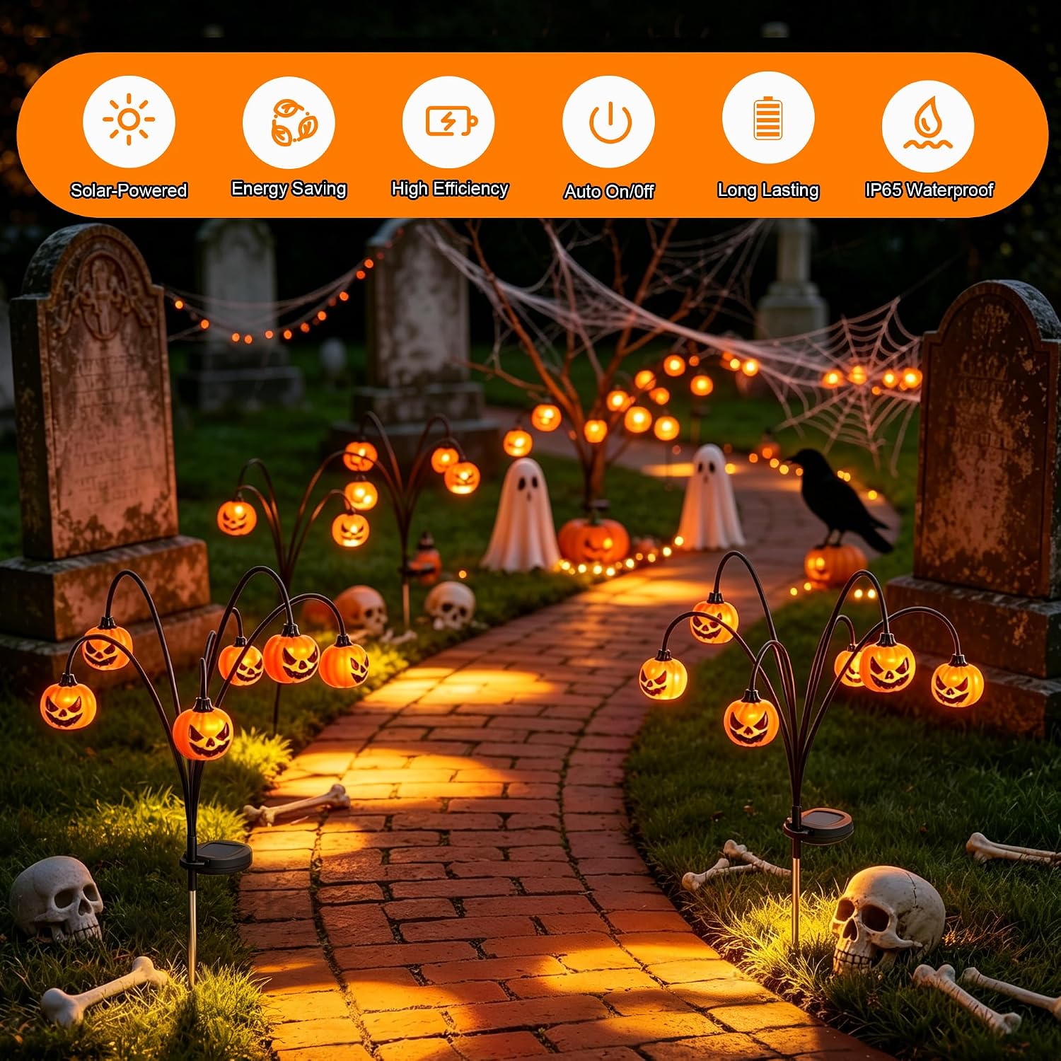 2 Pack Solar Halloween Lights Outdoor Decorations, Fall Pumpkin Lanterns