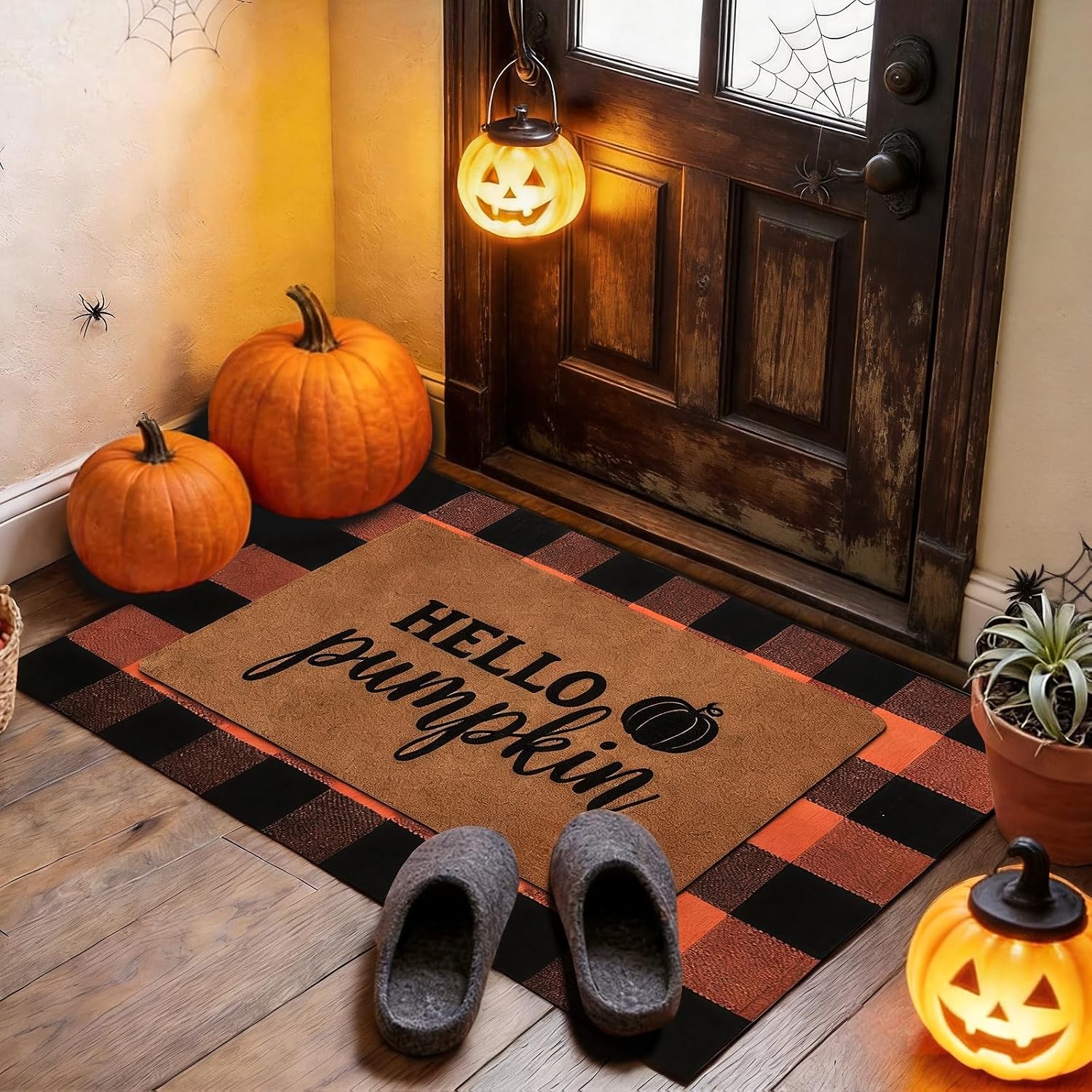 2 Pack Halloween Door Mat Set, Pumpkin Coir Mat & Orange Black Plaid Mat