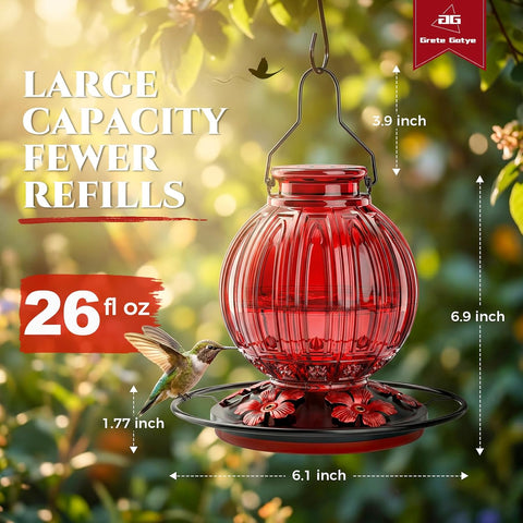 Glass Hummingbird Feeder for Outdoors Hanging, 26 fl oz Bird Nectar Feeder