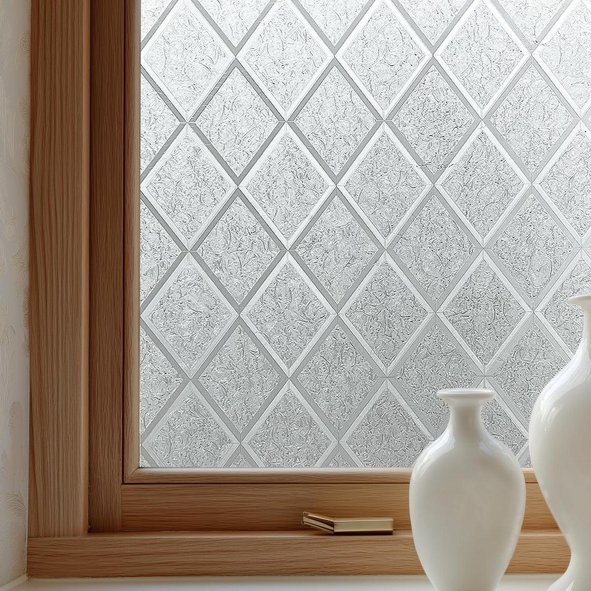 OHTMERU Window Privacy Film Decorative for Front Door, Bathroom Static Cling Stained Glass Sticker Opaque Heat Control UV Blocking Non-Adhesive for Home Windows 17.5 X 78.7 inches Argyle