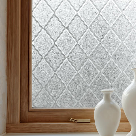OHTMERU Window Privacy Film Decorative for Front Door, Bathroom Static Cling Stained Glass Sticker Opaque Heat Control UV Blocking Non-Adhesive for Home Windows 17.5 X 78.7 inches Argyle