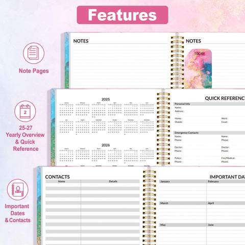 SUNEE 2025 Weekly and Monthly Planner - from January 2025 - December 2025, 8.5"x11" Daily Agenda Planner with Monthly Tab, Flexible Cover, Note Pages, Pockets, Bookmark, Spiral Binding, Marble