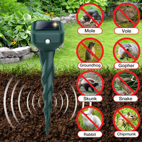 Mole Repellent Solar Powered, 4 Pack Snake & Skunk Repellent for Yard, IP 65 Waterproof Ultrasonic Deterrent Stakes, Get Rid of Rabbit, Gopher, Vole, Chipmunk, Deer, Groundhog for Lawns Garden