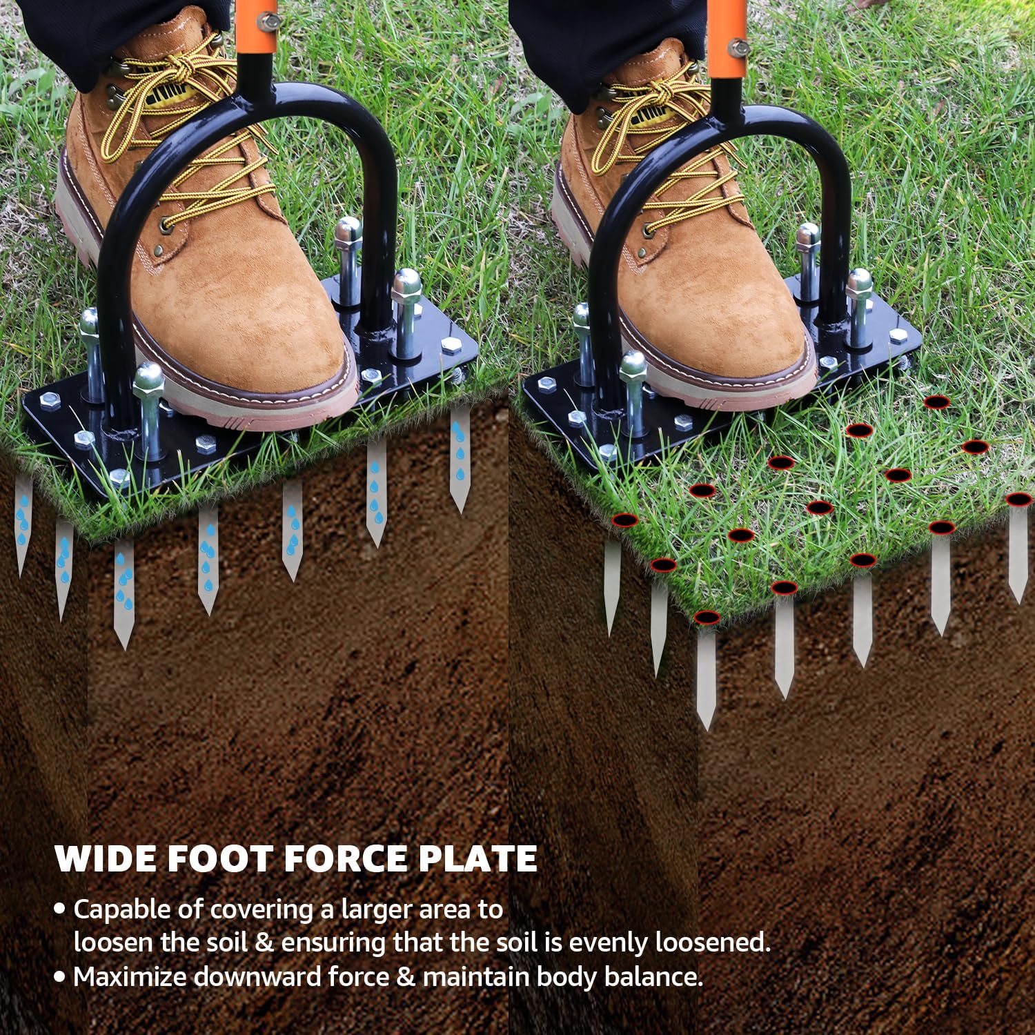 Lawn Aerator, Automatic Dirt and Leaf Clean Design, Heavy Duty Manual Lawn Aerator Tool with 15 Iron Spikes, Height Adjustable, Yard Grass Aerator for Lawn(Black with Orange)