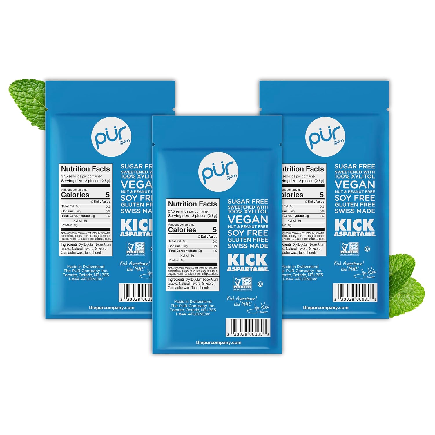 PUR Gum, Peppermint, Xylitol Gum, No Artificial flavour, 165 Count (3x55)