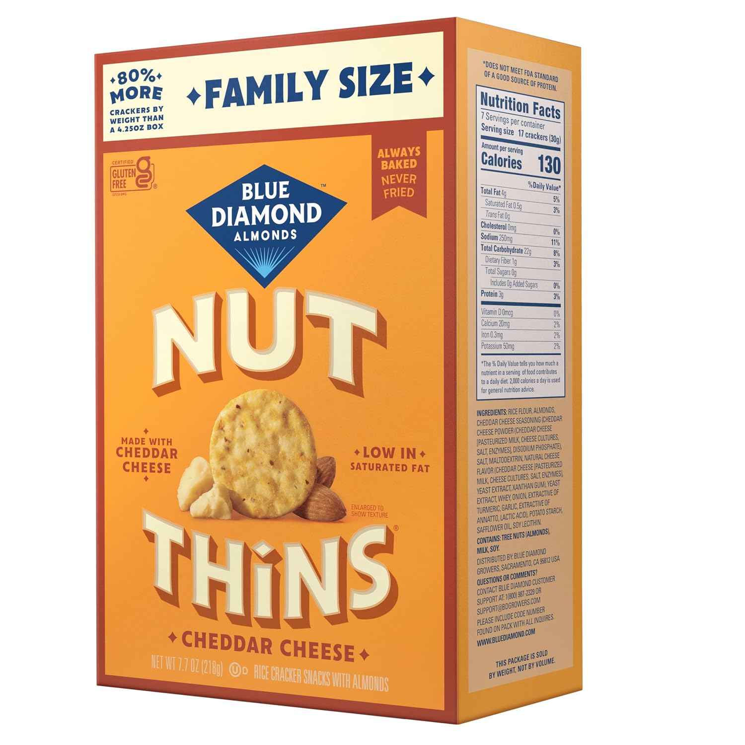 Blue Diamond Almonds Nut-Thins Gluten Free Cracker Crisps, Cheddar Cheese, Family Size, 7.7 oz (Pack of 6)