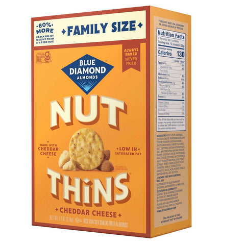 Blue Diamond Almonds Nut-Thins Gluten Free Cracker Crisps, Cheddar Cheese, Family Size, 7.7 oz (Pack of 6)