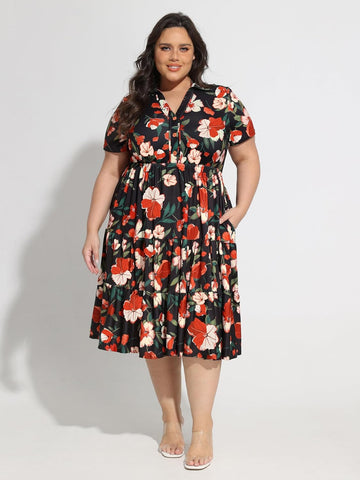 CARCOS Plus Size Dresses for Curvy Women Collared Vneck Short Sleeve Dresses Midi Summer Ruffle Dress with Pocket XL-5XL