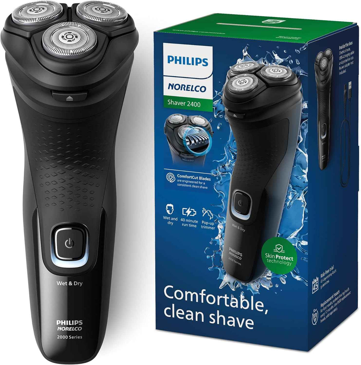 Philips Norelco 2400 Series Electric Shaver, Deep Black | 27 Self Sharpening ComfortCut Blades, 4D Flex Heads, Wet or Dry Use, 2-Year Blade Life, Pop-up Trimmer, X3001/90