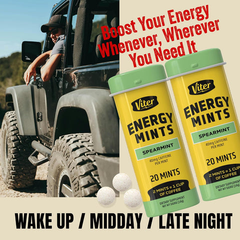 Viter Energy Caffeine Mints 40mg, Sugar Free, Spearmint, 20ct, 6 Pack