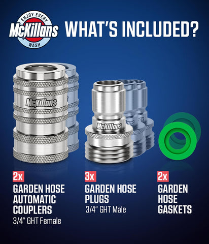 McKillans® 2025 Automatic Garden Hose Quick Connect [UNIVERSAL FIT] - Stainless Steel Quick Connect Hose Fittings - Water Hose Connectors - Quick Disconnect Adapter - INSTANT CONNECTION - 5 Pc Kit