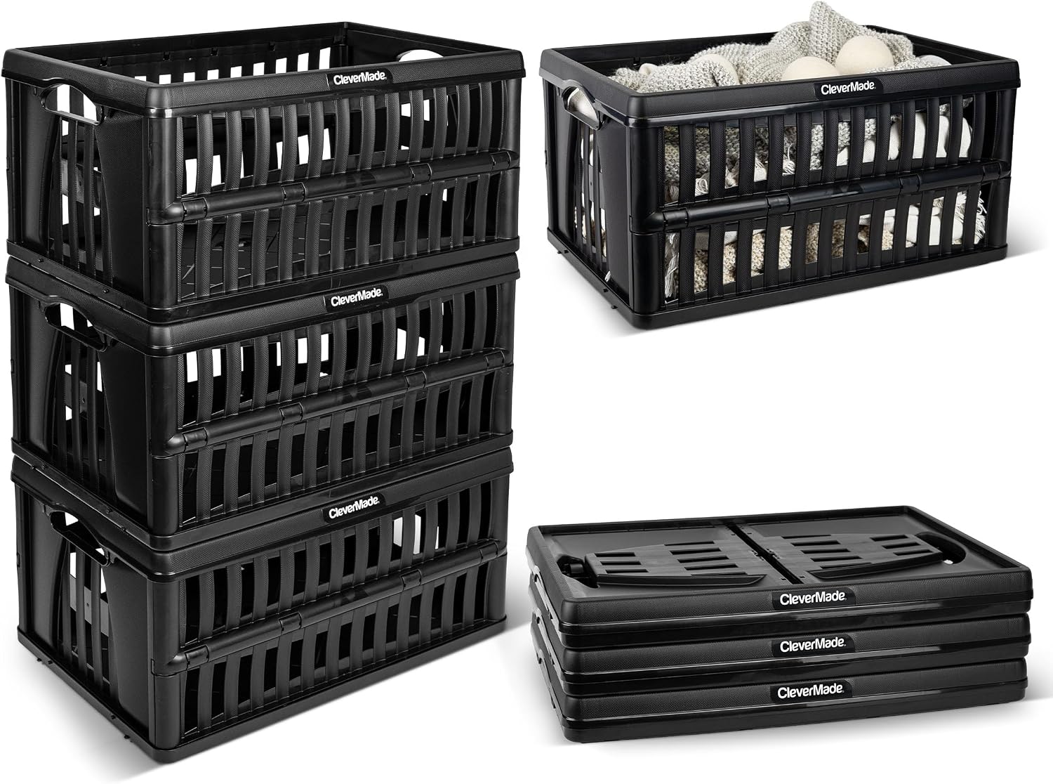 CleverMade Collapsible Utility Crates, 60L Storage Crate, 3 Pack, Obsidian