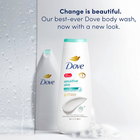 Dove Body Wash Sensitive Skin 4 Count Hypoallergenic, Paraben-Free, Sulfate-Free, Cruelty-Free, Moisturizing Skin Cleanser Effectively Washes Away Bacteria While Nourishing Skin 20 oz