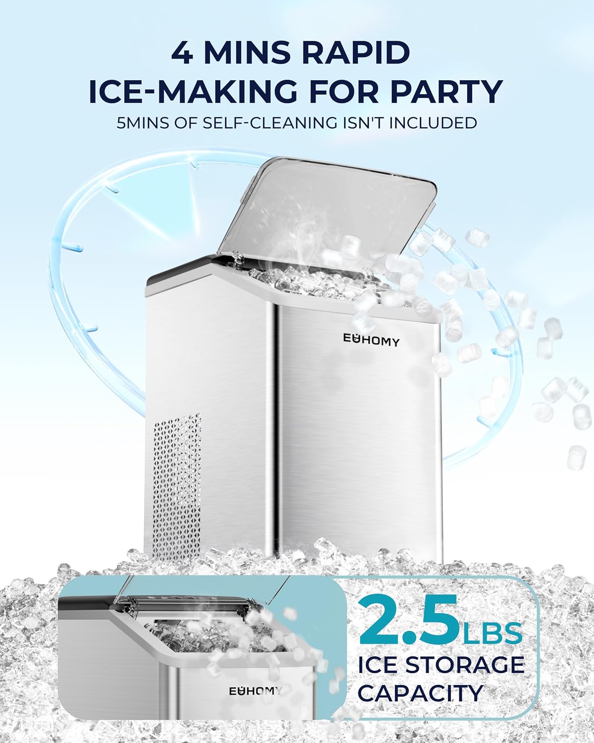 EUHOMY Nugget Ice Maker Countertop, Max 40lbs/Day, Auto-Cleaning, 2Qt Reservoir, Compact Sonic Ice Maker with 2.5lbs Basket and Scoop, Soft Chewable Nugget Ice for Home/Party/RV/Camping (Stainless)