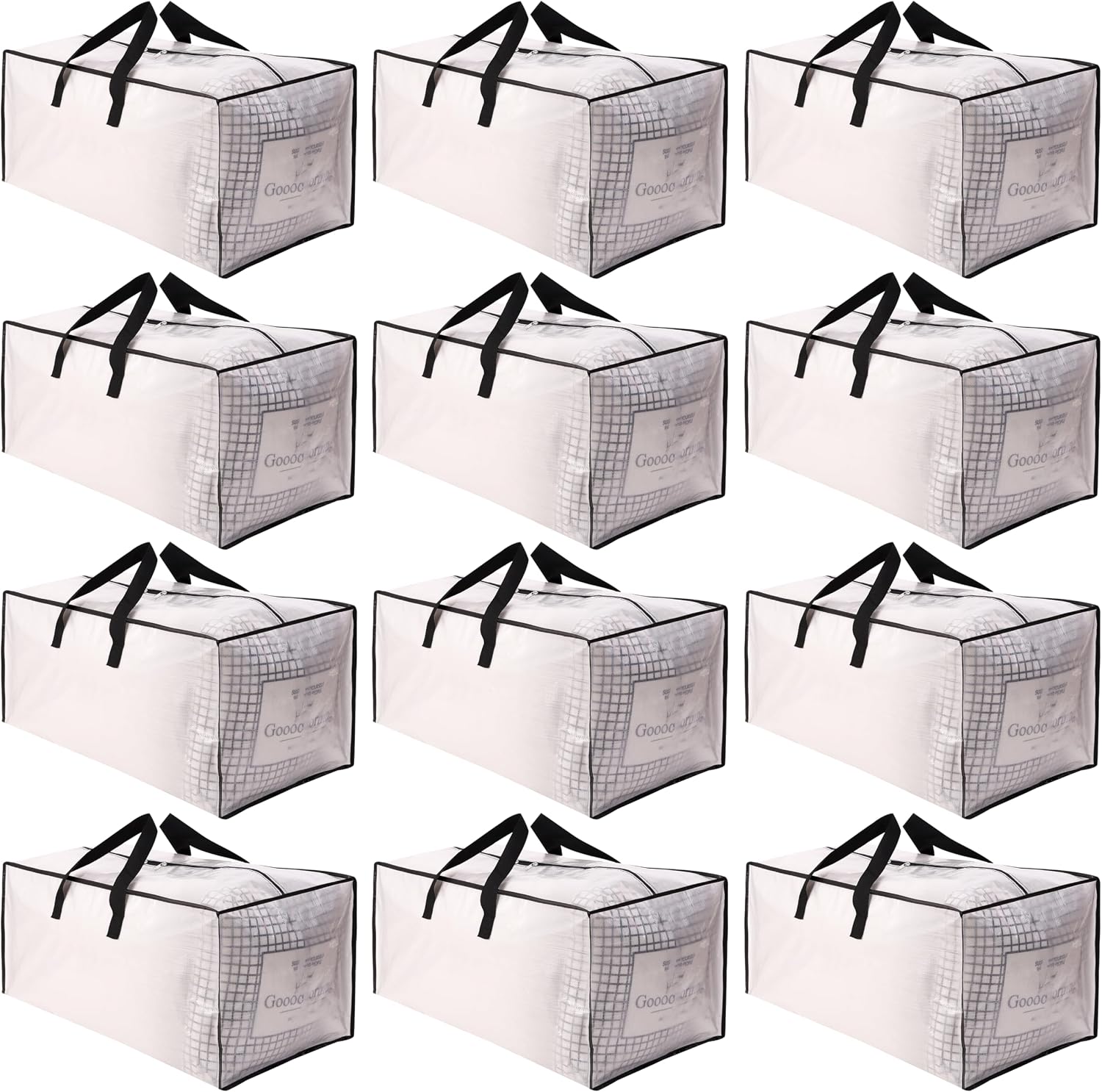 SWEET DOLPHIN 12 Pack Extra Large Moving Bags with Strong Zippers & Carrying Handles, Heavy Duty Storage Tote for Space Saving Moving Storage, Fold Flat, Alternative to Moving Box, Semi-Transparent