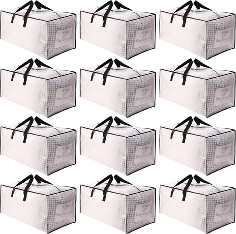 SWEET DOLPHIN 12 Pack Extra Large Moving Bags with Strong Zippers & Carrying Handles, Heavy Duty Storage Tote for Space Saving Moving Storage, Fold Flat, Alternative to Moving Box, Semi-Transparent