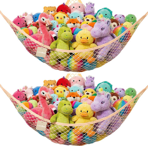 Lazebox Stuffed Animal Net Hammock for Plushie Toys, Stuffed Animal Hammock Corner for Kids' Room Decor, Ideas for Organizing Stuffy Collection, Yellow, L (72" x 50" x 50")-pack of 2