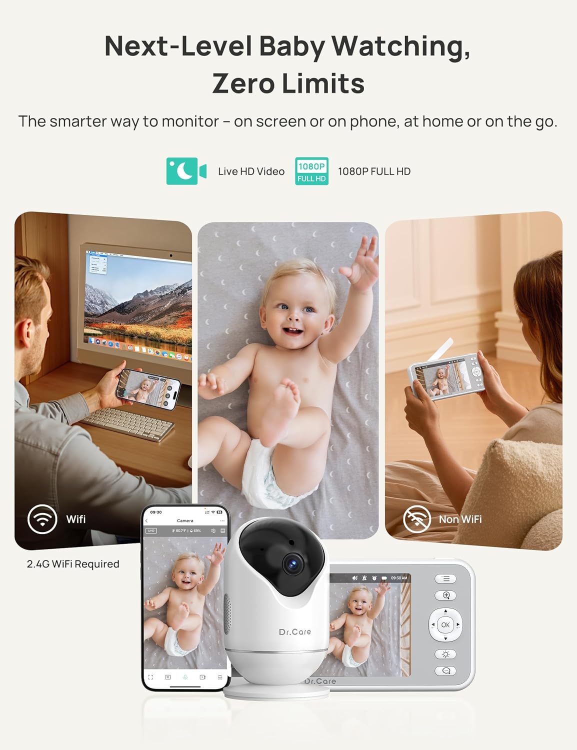 Dr.Care VistaView 5" 1080P Smart WiFi Baby Monitor with Camera ＆ Clip Mount