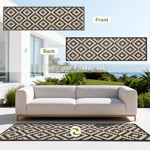 SAND MINE Reversible Mats, Plastic Straw Rug, Modern Area Rug, Large Floor Mat and Rug for Outdoors, RV, Patio, Backyard, Deck, Picnic, Beach, Trailer, Camping (2.5' x 8', Black & Beige Lattice)