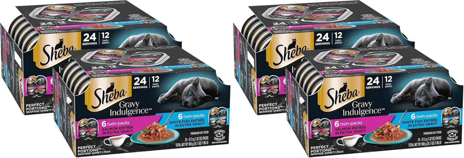 Sheba Gravy Indulgence Adult Wet Cat Food Salmon Entree in Extra Gravy and White Fish Entree Variety Pack,2.6 oz. -Pack Trays,(,24 Servings),12 Count (Pack of 4)