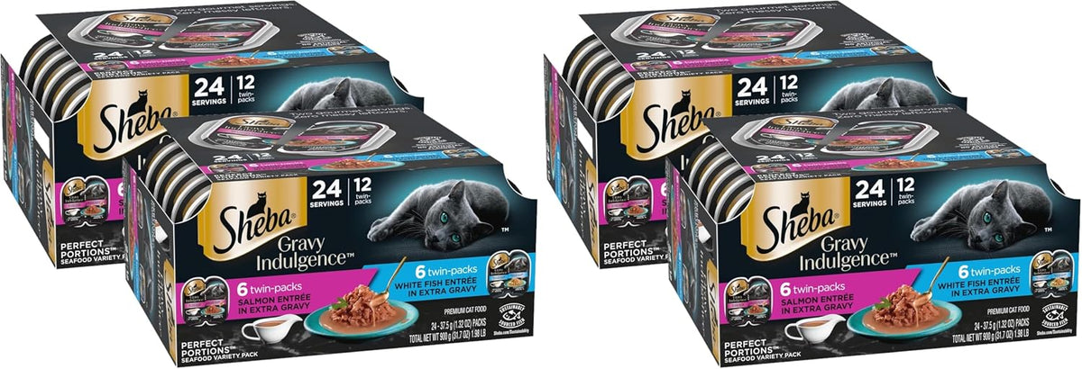 Sheba Gravy Indulgence Adult Wet Cat Food Salmon Entree in Extra Gravy and White Fish Entree Variety Pack,2.6 oz. -Pack Trays,(,24 Servings),12 Count (Pack of 4)