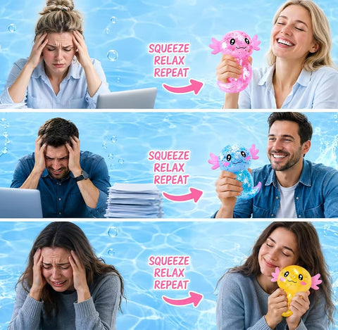 Axolotl Squishy Stress Relief Toy,Glitter Fidget Squishy Toys,Cute Axolotls Squeeze Toys, Fidget Toys for Kids Youth Adult,Party Favors (2PCS Blue+Pink Axolotl)