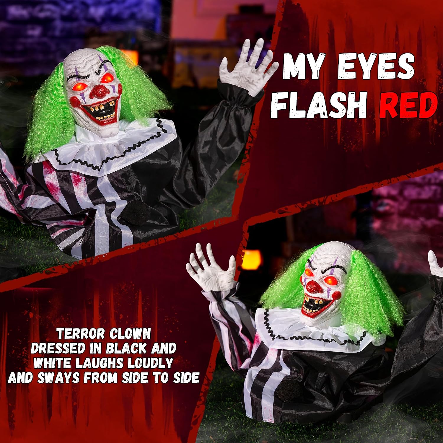 Halloween Animatronics Clown Decorations Outdoor, Animated Groundbreaker Clown Scary Talking Clowns with Sound & Motion Activated, Lighted Eyes, Creepy Sound, Movable Arms for Graveyard Haunted House