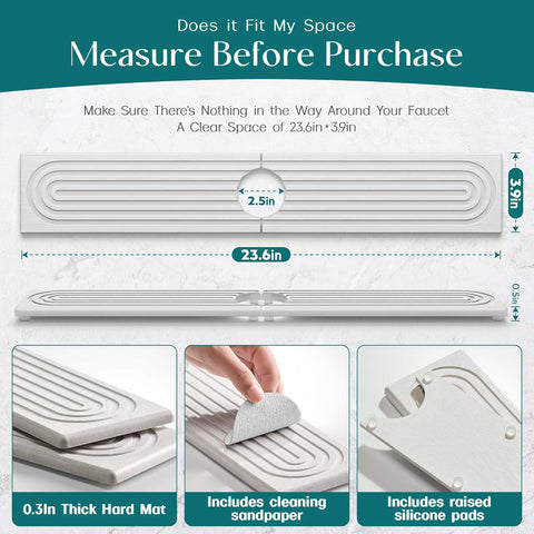 Eormoe Faucet Mat for Kitchen Sink – Diatomite Stone Drying Mat & Sink Protectors, Prevent Moisture – Sink Splash Guard Water-Absorbing Stone Tray for Bathroom Counter (Light Grey, 23.6" x 3.9")