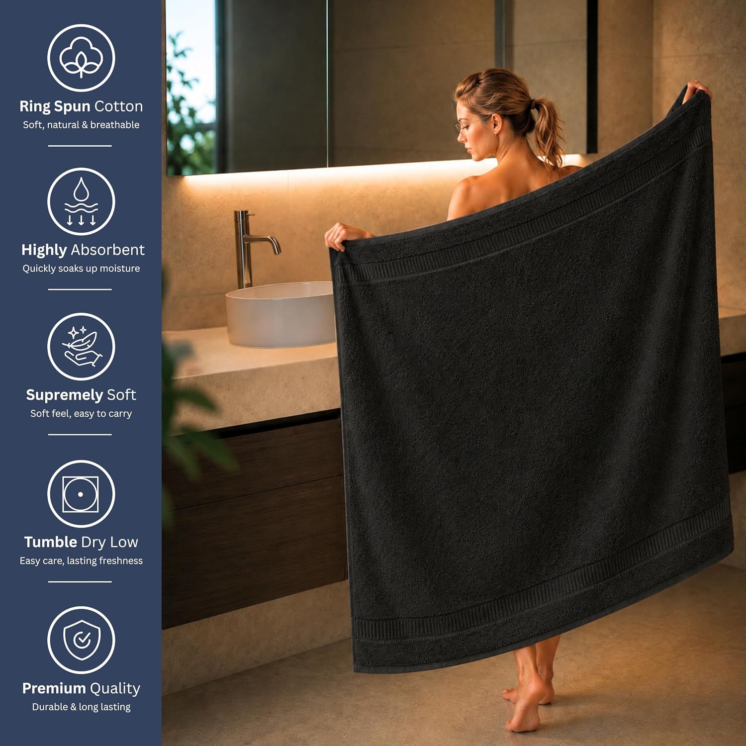 Bulk 8-Pack Commercial Jumbo Bath Sheets, 35" x 70", 600 GSM, Black