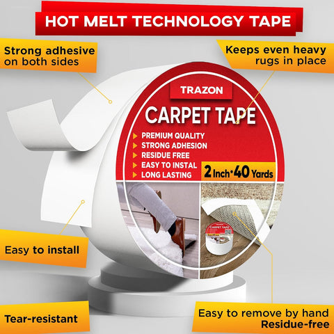 Trazon Carpet Tape Double Sided - 2 in / 120 Ft (40 Yards) Tape Grippers for Hardwood Floors and Area Rugs - Strong Adhesive and Removable, Heavy Duty Stickers, Residue Free
