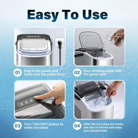 HealSmart Ice Maker for Countertop, 9 Ice Cubes Ready in 6 Mins, 26lbs Ice/24Hrs, with Self-Cleaning Feature, Ice Spoon and Basket, for Home, Kitchen, Camping, Party, Silver