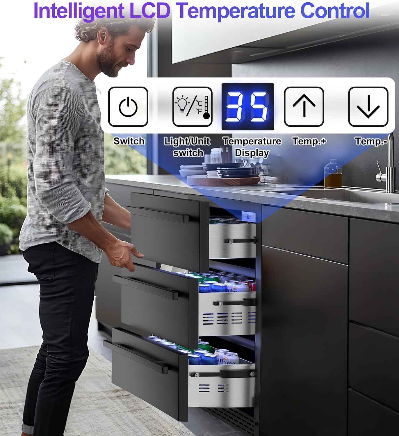 3-Tier Drawer Beverage Refrigerator,Undercounter & Built-in Beverage Fridge Hold 180 Can, 24 inch Waterproof Outdoor Freestanding Beverage Cooler for Home & Commercial Use (Black)