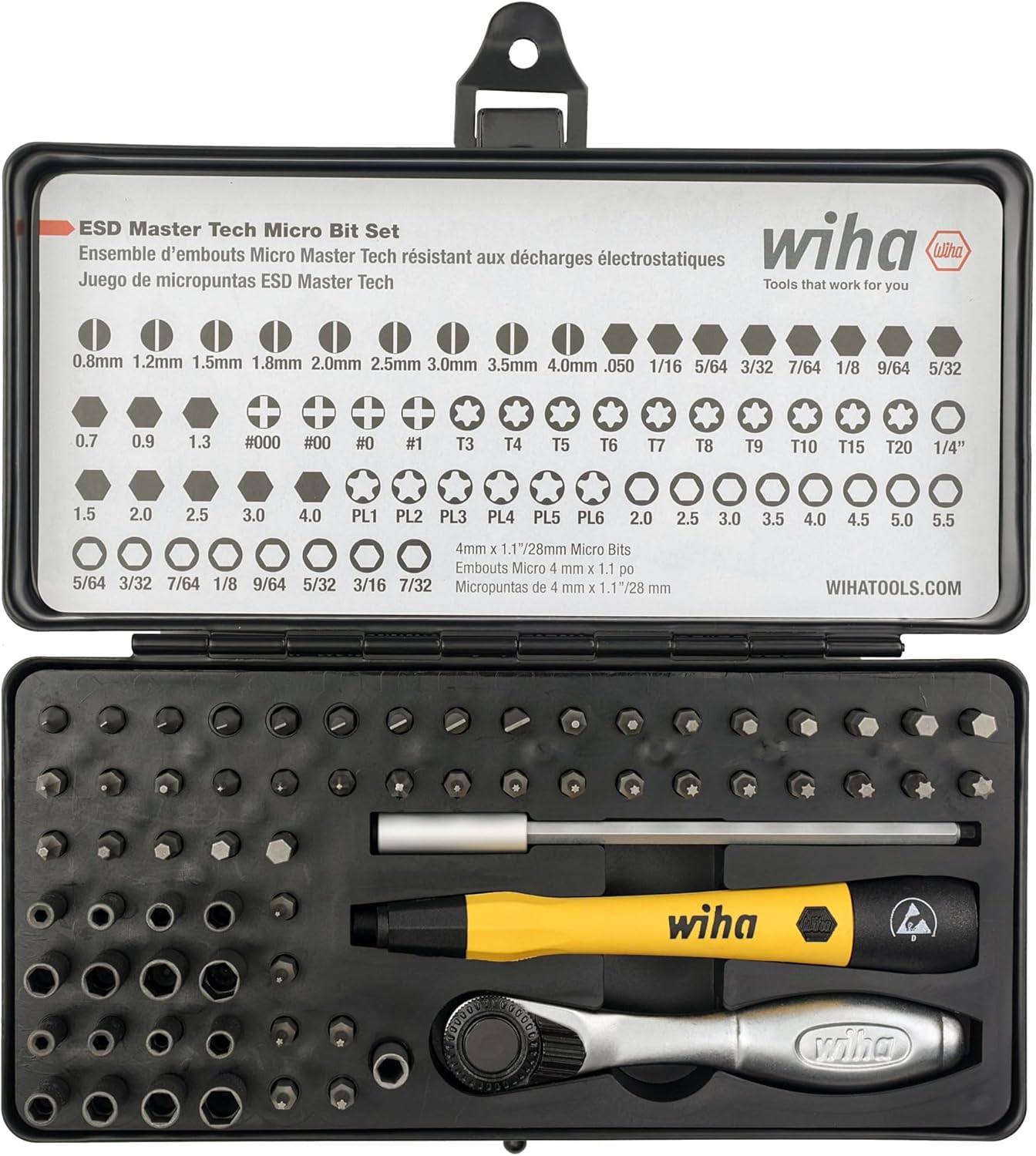 Wiha 75965 ESD Safe Master Technician Ratchet and MicroBits Set, 65 Piece
