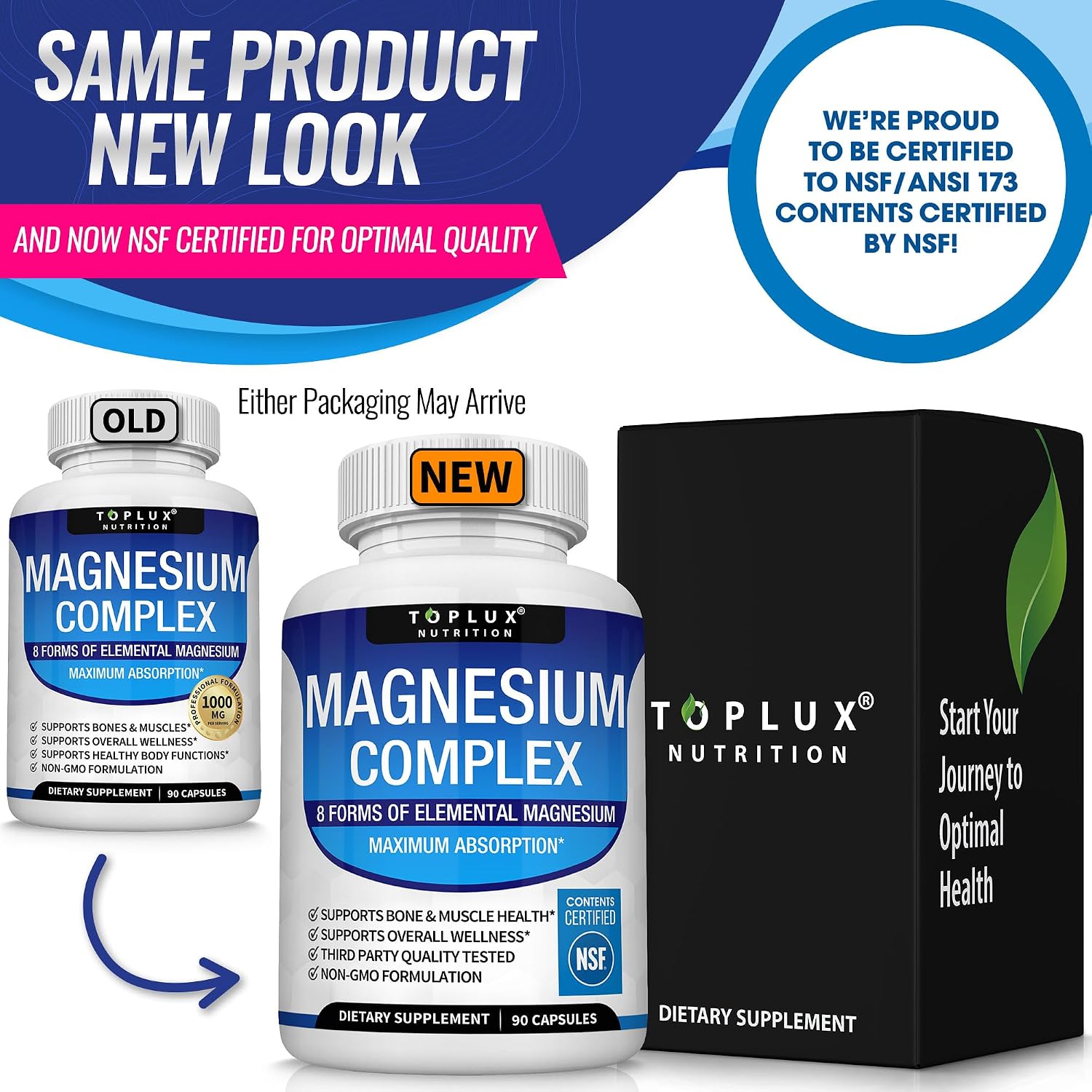 Toplux Magnesium Complex Supplement 8 Elemental - Magnesium Glycinate, Citrate, Malate, Taurate, Chelated for Easy Absorption for Bones, Muscle, Recovery, Energy, Vegan Non-GMO 90 Capsules