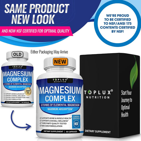 Toplux Magnesium Complex Supplement 8 Elemental - Magnesium Glycinate, Citrate, Malate, Taurate, Chelated for Easy Absorption for Bones, Muscle, Recovery, Energy, Vegan Non-GMO 90 Capsules