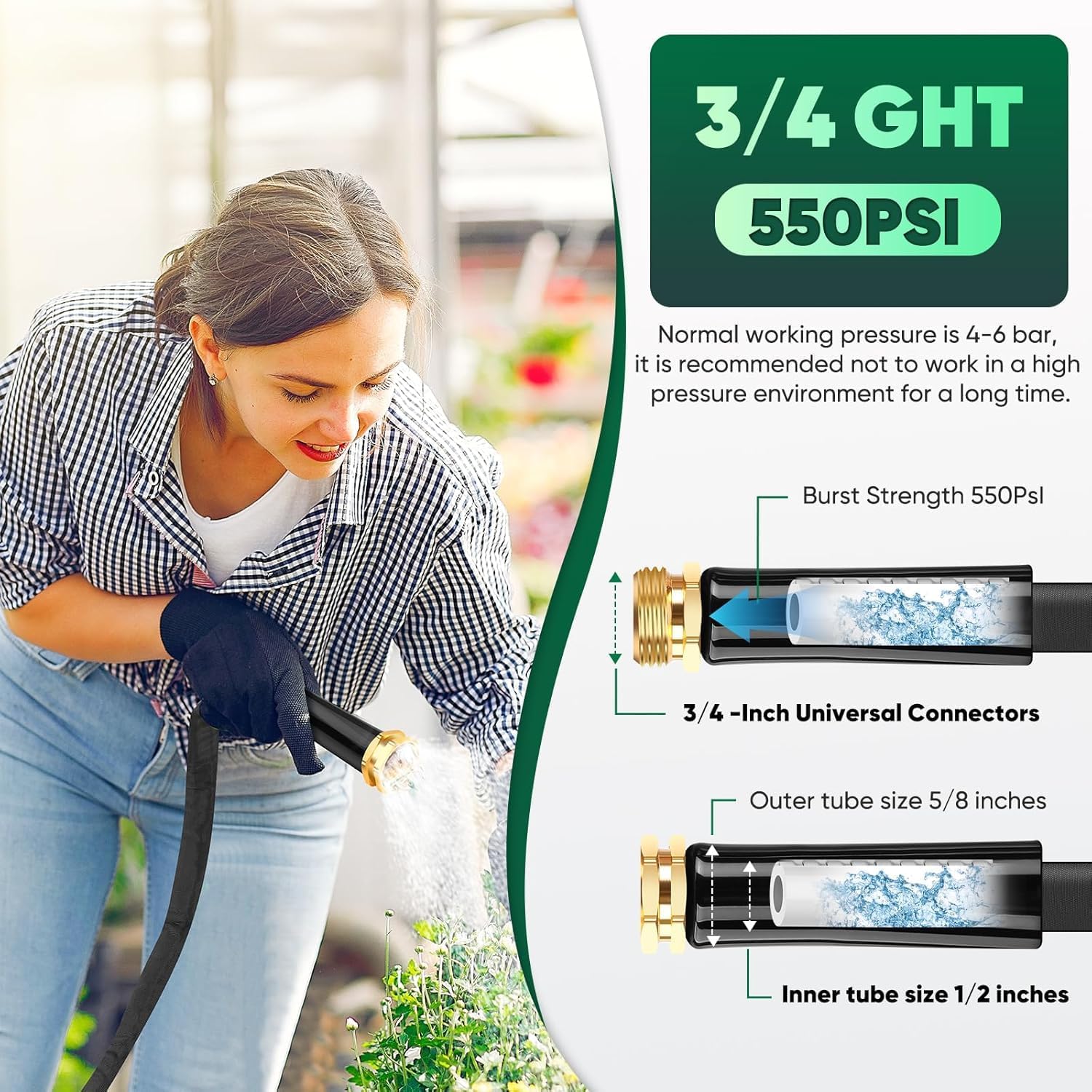 Garden Hose 50FT, Non-Expanding Water Hose with 3/4'' Standard Fittings
