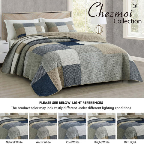 Chezmoi Collection Addy 3-Piece Navy Blue White Gray Taupe Plaid Patchwork Quilt Set - Pre-Washed Cotton Coverlet - Lightweight Reversible Bedspread, King Size