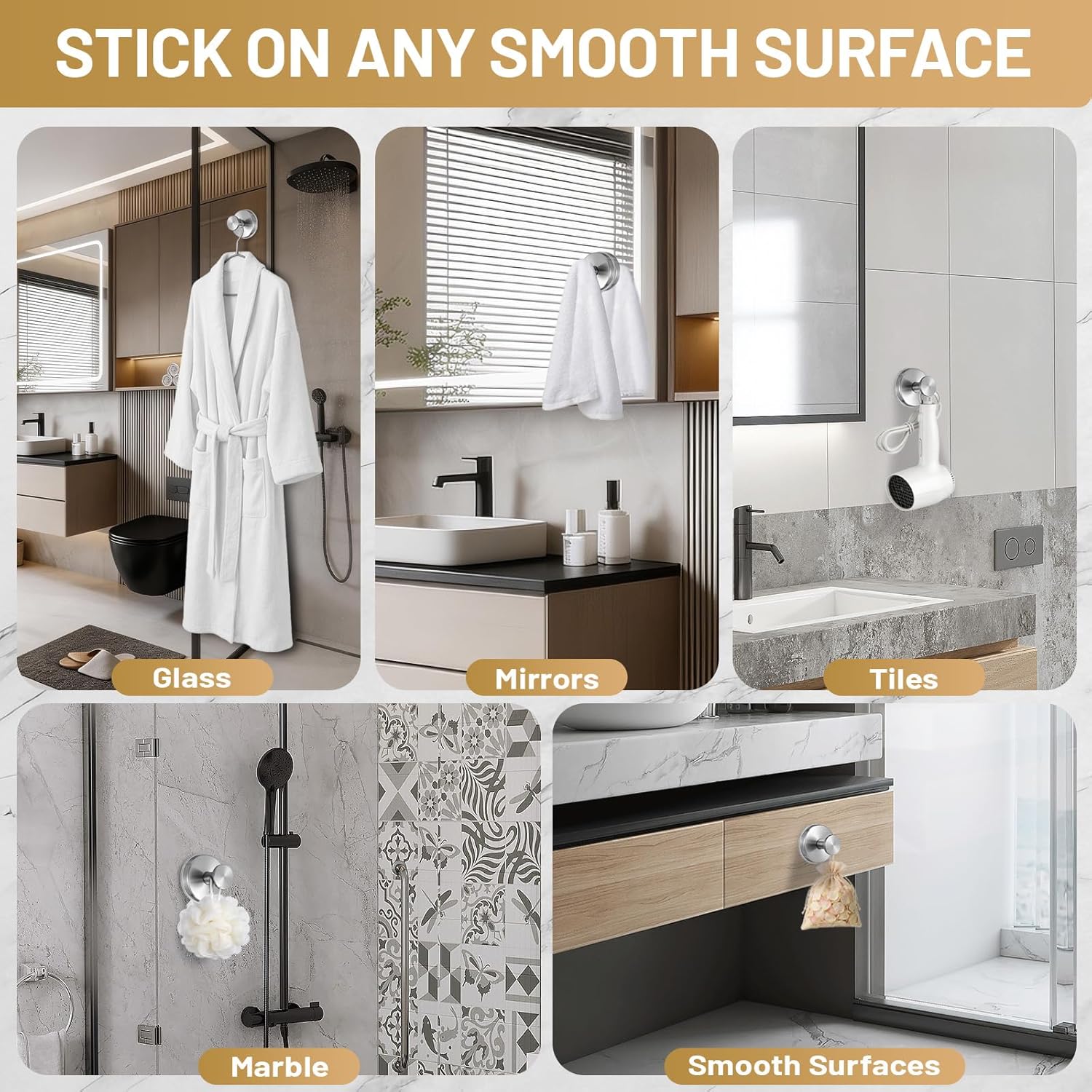 Large Suction Cup Hooks, Heavy Duty 15lb Holds Towel & Robe, No-Drill Shower Bathroom Hooks for Tile Wall Glass Mirror, Mounts on Smooth Non-Porous Surfaces (2 Pack, Brushed Nickel)