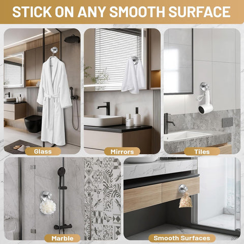 Large Suction Cup Hooks, Heavy Duty 15lb Holds Towel & Robe, No-Drill Shower Bathroom Hooks for Tile Wall Glass Mirror, Mounts on Smooth Non-Porous Surfaces (2 Pack, Brushed Nickel)