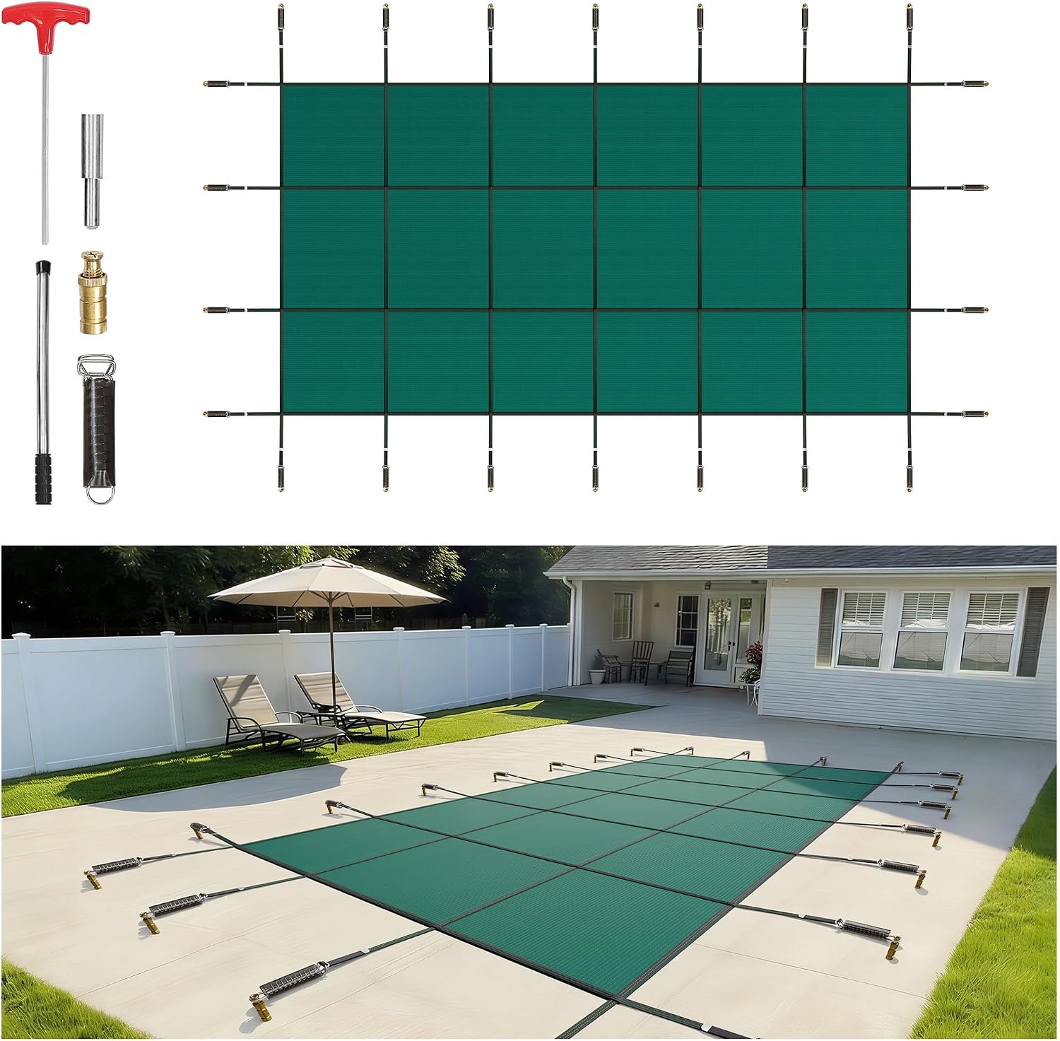 VEVOR Inground Pool Safety Cover, 14 ft x 28 ft Rectangular Winter Pool Cover, Triple Stitched, High Strength Mesh PP Material with Good Rain Permeability, Installation Hardware Included, Green
