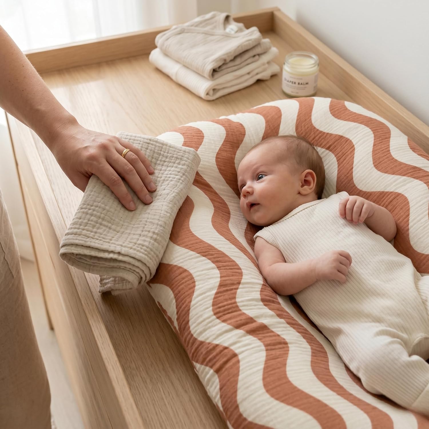guruixu Muslin Baby Lounger Cover 2 Pack, 100% Cotton Infant Replacement Cover, Soft & Breathable Replacement Slipcover, Compatible with Snuggle Me Lounger (Terracotta,Terracotta Wave)