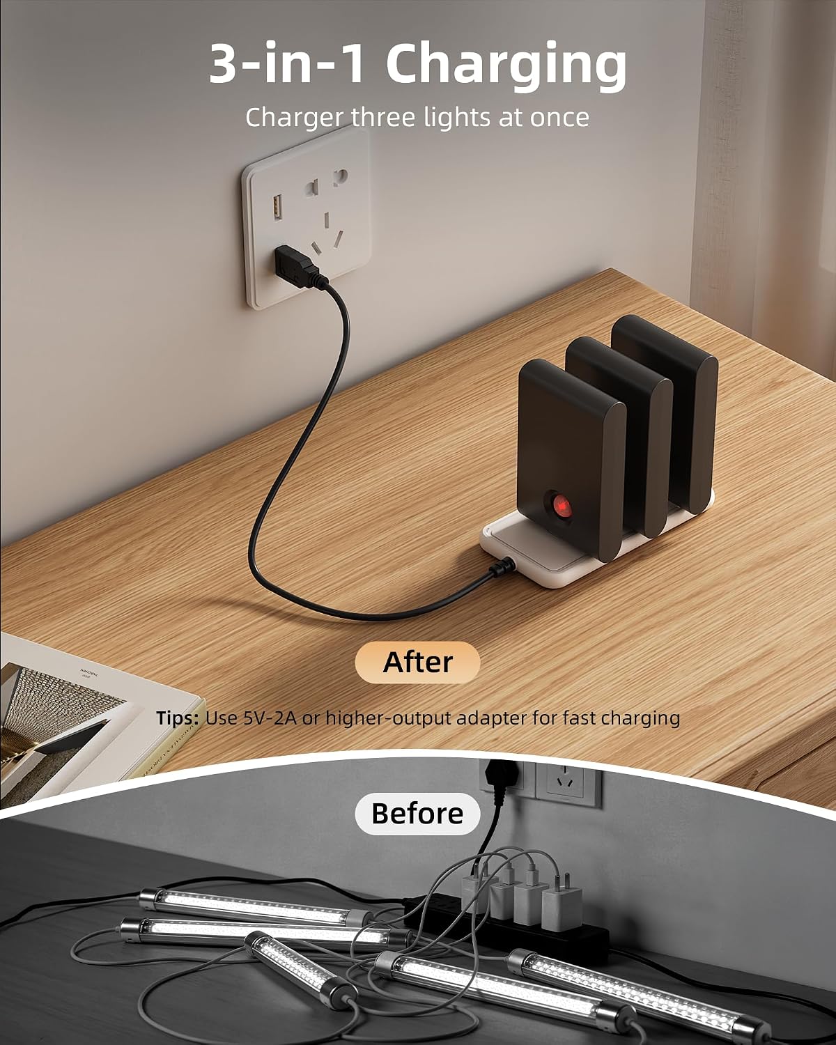 EZVALO 6 Pack Motion Sensor Night Lights with Charging Station, Sync LED Stair Lights Indoor, 1500mAh Rechargeable, Magnetic & Dimmable, 3000K Soft White, Portable Nightlight for Hallway (Black)