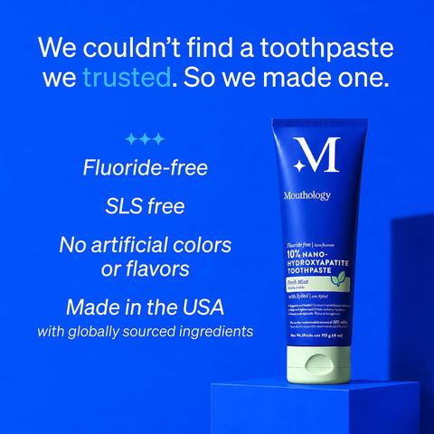 Mouthology 10% Nano Hydroxyapatite Toothpaste Fluoride Free, Whitening*, Rod Shaped nHA, Xylitol Toothpaste for Adults, Enamel Care*, Sensitive Teeth*, SLS Free, Mint 4oz (USA Made) Package May Vary
