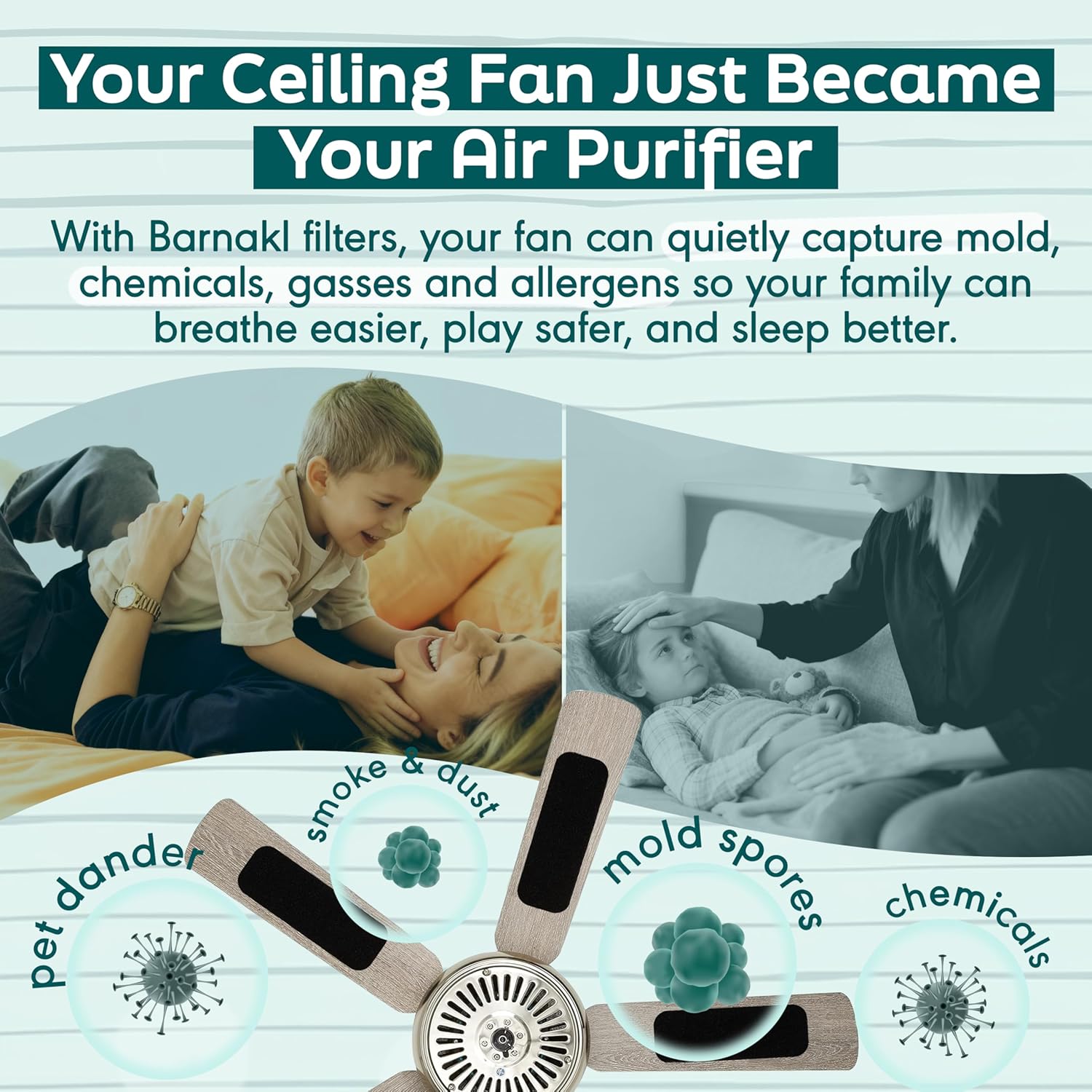 Barnakl Ceiling Fan Air Purifier Pads, Carbon Filters for Blades, 5 Count