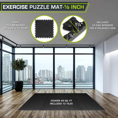 ProsourceFit Exercise Puzzle Mat ½-inch, EVA Interlocking Foam Floor Tiles for Home Gym, Workout Equipment, Kids Play Areas, Black, 48 SQ FT - 12 Tiles